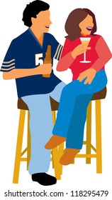 Couple sitting on bar stools enjoying beverages.