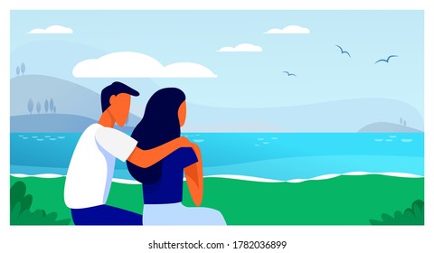 Couple sitting on beach. Back view of young man and woman hugging at sea flat vector illustration. Vacation, romance, dating outdoors concept for banner, website design or landing web page