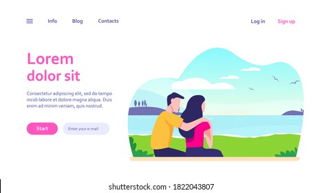 Couple sitting on beach. Back view of young man and woman hugging at sea flat vector illustration. Vacation, romance, dating outdoors concept for banner, website design or landing web page