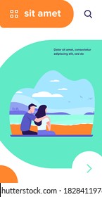 Couple sitting on beach. Back view of young man and woman hugging at sea flat vector illustration. Vacation, romance, dating outdoors concept for banner, website design or landing web page