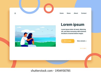 Paar sitzt am Strand. Rückansicht von jungen Männern und Frauen, die auf See umarmt, flache Vektorgrafik. Urlaub, Romantik, Dating-Outdoor-Konzept für Banner, Website-Design oder Landing-Website