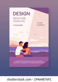 Couple sitting on beach. Back view of young man and woman hugging at sea flat vector illustration. Vacation, romance, dating outdoors concept for banner, website design or landing web page
