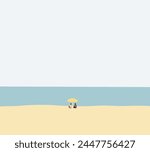 Couple sitting on the beach under yellow umbrella on island vacation holiday relax in the sun. Tropical Beach summer 
