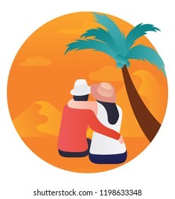 
Couple sitting on a beach under palm tree at sunset 
