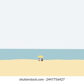 Couple sitting on the beach under yellow umbrella on island vacation holiday relax in the sun. Tropical Beach summer 