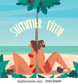 Einige auf einem Strand unter einer Palme am Meer gelegen, auf einer Palme - Paradies oder Utopia Konzept. Vektorgrafik