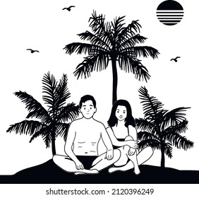 Ehepaar sitzend auf Strand Vektorsilhouette. Liebhaber sitzen unter Palmen Vektorgrafik Handzeichnung.