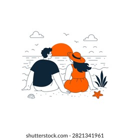 Couple sitting on beach watching sunset over ocean