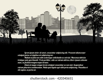 Couple sitting on a bench in the city park on black and white. Romantic date concept with space for your text, vector illustration