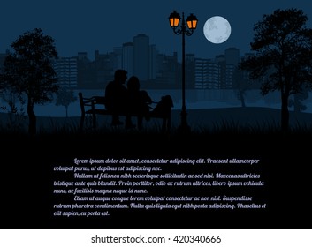 Couple Sitting On A Bench In The City Park At Night. Romantic Date Concept With Space For Your Text, Vector Illustration