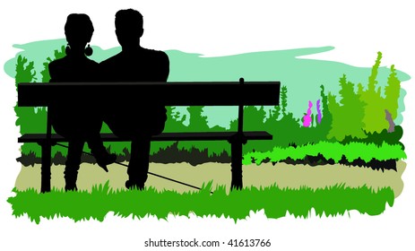 Couple sitting on bench. Color vector illustration