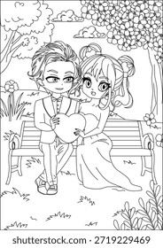 Couple Sitting on Bench Coloring Page for Adult Line Art Vector