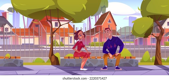 Couple sitting on bench at countryside view. Young man and woman having conversation at roadside with green trees and cottage houses. Characters dating, spend time outdoors Cartoon vector illustration