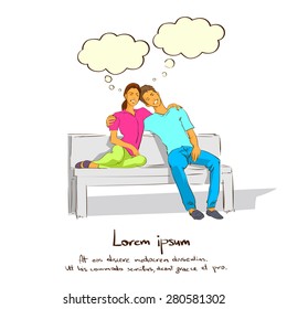 Couple Sitting on Bench Dream Coud With Copy Space, Embracing Smile Think Flat Vector Illustration