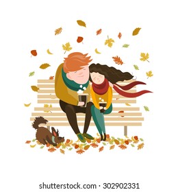 Couple sitting on bench and drink coffee. Vector isolated illustration