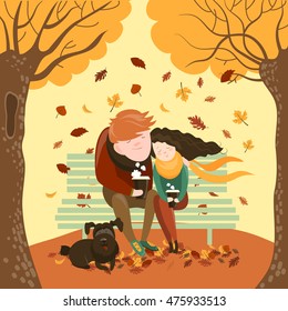 Couple sitting on bench and drink coffee