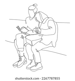 Pareja sentada en el banco. Él está leyendo un libro y ella está revisando su teléfono. Estilo de arte de línea. Ilustración vectorial.