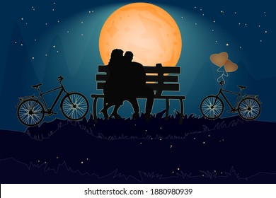 Couple sitting on a bench in love atmosphere. Valentines day card with romantic couple and bike. Happy Lovers. Romantic silhouette of loving couple in night. Be my Valentine. Stock vector illustration