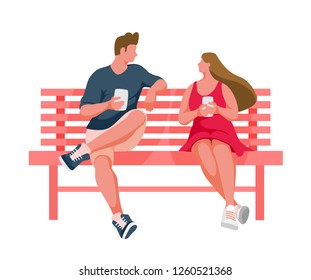 Couple sitting on bench. Man and girl sitting on park bench vector illustration