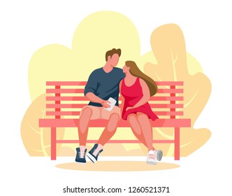 Couple sitting on bench. Man and girl sitting on park bench vector illustration
