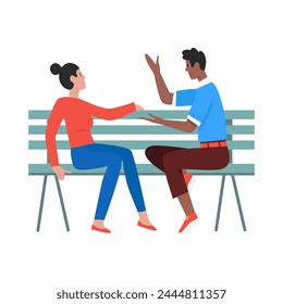 Couple sitting on a bench. Outdoor romantic date, relaxing outside cartoon vector illustration