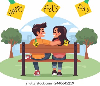 Couple sitting on a bench in the park were joking with each on Fools day. Joke Kick Me Note. Vector Illustration