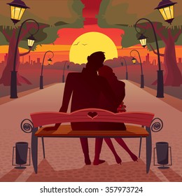 Pareja sentada en un banco en el parque y admirando la puesta de sol - concepto romántico de fecha. Ilustración del vector