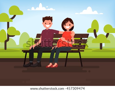 Couple sitting on a bench in the park. Pregnant wife and her husband. Vector illustration of a flat design