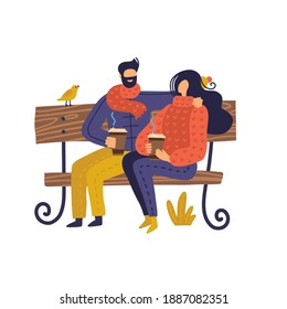 Couple sitting on bench in spring with coffee. Vector illustration in flat style for Valentine's day greeting card.