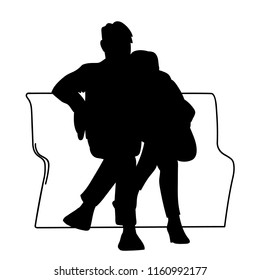 Couple sitting on a bench. Stencil. Vector illustration of black silhouette of man hugging woman isolated on white background. Concept. Monochromatic minimalism.
