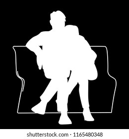Couple sitting on a bench. Stencil. Vector illustration of white silhouette of man hugging woman isolated on black background. Concept. Monochromatic minimalism.