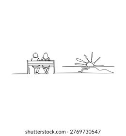 Couple sitting on bench watching sunset in continuous line art