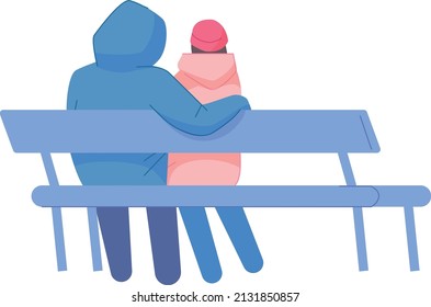 Couple Sitting On Bench In Winter Season Back View Isolated On White Background