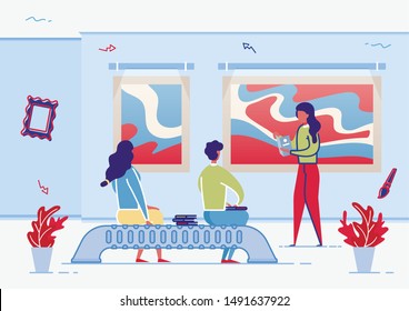 Couple Sitting on Bench, Woman at Paintings Exhibition in Modern Art Gallery Hall Flat Cartoon Vector Illustration. People Visitor Characters Watching Pictures Hanging on Walls. Artworks Collection.