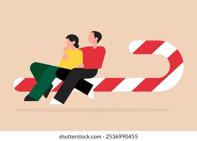 Couple sitting on a big christmas candy cane. Vector minimal illustration.