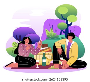 A couple sitting on a blanket during a picnic with wine and snacks, illustrated in a flat cartoon style, set in a colorful outdoor park scene. Concept of leisure. Vector illustration