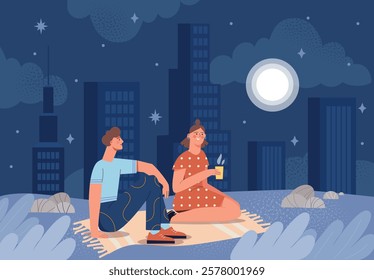 A couple sitting on a blanket under the night sky, surrounded by city buildings, full moon, and stars, creating a peaceful urban evening atmosphere. Vector illustration