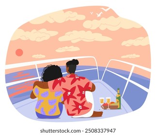 Casal Sentado Em Um Barco, Aproveitando O Pôr Do Sol Sereno. O Horizonte É Maravilhosamente Iluminado Com Tons De Laranja E Rosa, Evoca Sentimentos De Romance, Relaxamento E União. Ilustração de vetor de desenhos animados