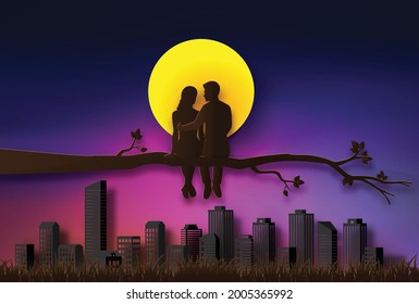 couple sitting on a branch under the moonlight.  Paper cut illustration of Love and Valentine day.