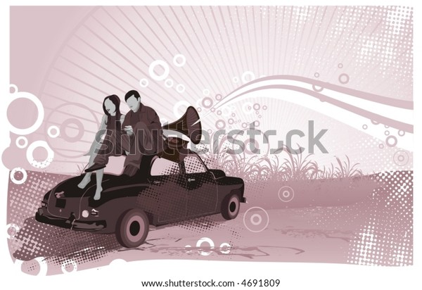 couple sitting on the\
car and listen music from an old gramophone in the sunrise,vector\
vintage illustration