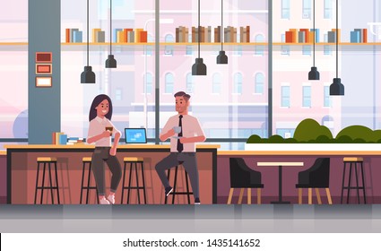 couple sitting on chair at bar counter with laptop coffee break concept business man woman drinking cappuccino during meeting modern cafe interior flat full length horizontal