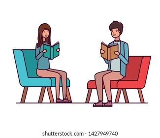 couple sitting on chair with book in hands