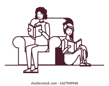 couple sitting on chair with book in hands