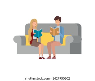 couple sitting on chair with book in hands