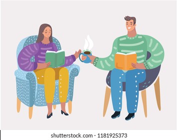 Couple sitting on chairs reading books. Wife and husband drinking cup of tea or coffee. Vector cartoon illustration in modern concept