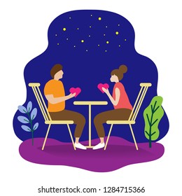 A couple sitting on coffee chair-table set at night, flat cartoon characters for Valentine's Day, wedding, anniversary, cards, gift wrap, textile, book cover, or other designs. Vector illustration.