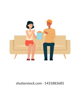 Couple sitting on couch and eating popcorn cartoon style, vector illustration isolated on white background. Man and woman on home sofa watch movie and look to each other in surprise