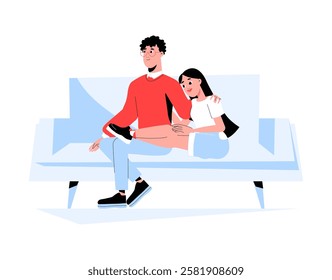 Couple Sitting On Couch In Flat Vector Illustration Symbolizing Comfort, Love, And Relationship Bonding, Isolated On White Background