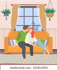 Couple sitting on couch in living room at home. Happiness and cosiness. Sofa with pillows and plants, carpet on floor. Vector illustration in flat style