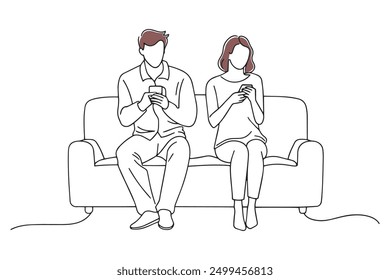 Couple sitting on a couch in a living room, both engrossed in their smartphones Hand drawn offset fill with doodle illustration